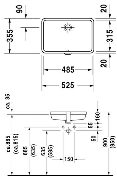 Wymiary techniczne umywalki Duravit Vero 0330480022: