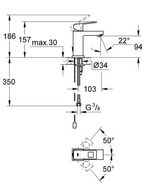 Rysunek techniczny baterii umywalkowej Grohe Eurocube 23131000 