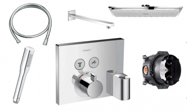 Termostatyczny podtynkowy zestaw prysznicowy z kwadratową deszczownicą i baterią Hansgrohe Showerselect.-image_Grohe/Hansgrohe_HGR/SHOWERS/230_1