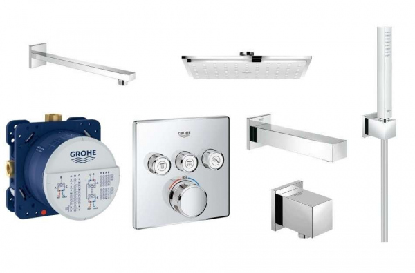 Podtynkowy zestaw prysznicowy Grohe GrohthermSmartcontrol z deszczownicą, słuchawką i wylewką wannową