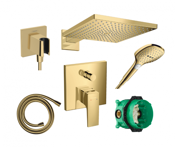 Podtynkowy zestaw prysznicowy z kwadratową deszczownicą Hansgrohe Metropol 300 Gold
