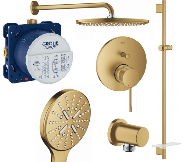 Podtynkowy zestaw prysznicowy Grohe Essence z deszczownica 310mm w wersji szczptkowane żółte złoto - brushed cool sunrise