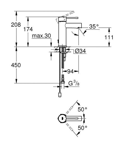 Wymiary techniczne baterii umywalkowej Essence 32 899 001.-image_Grohe_32899001_3