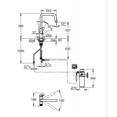Wymiary baterii zlewozmywakowej Grohe 30595000 do filtracji wody