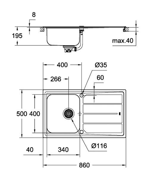 Wymiary techniczne zlewozmywaka K500-image_Grohe_31573SD0_2