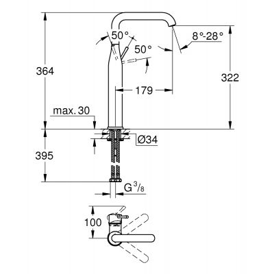 Wymiary techniczne baterii Grohe Essence XL 24170KF1