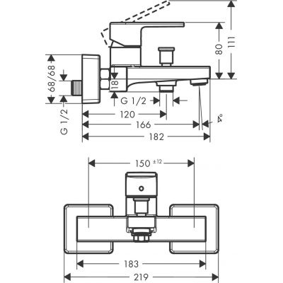 Wymiary techniczne natynkowej baterii do wanny Hansgrohe Vernis Shape Black Mat-image_Hansgrohe_71450670_2