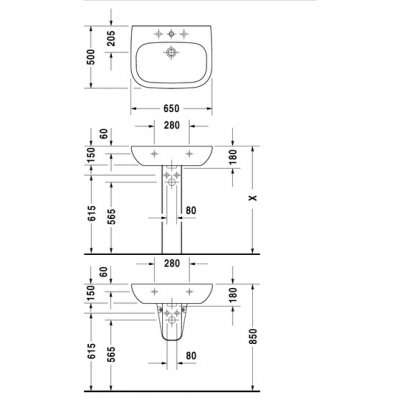Wymiary techniczne ściennej umywalki Duravit D-code 65 23106500002-image_Duravit_23106500002_4