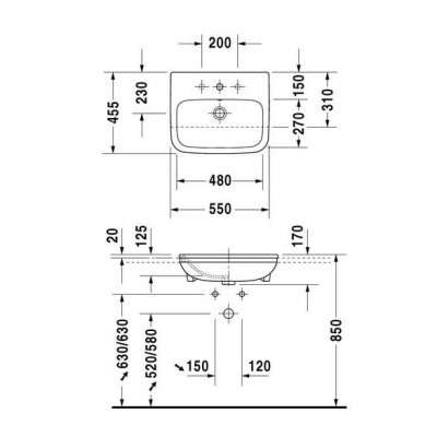 Rysunek techniczny umywalki Durastyle 037555-image_Duravit_0375550000_3