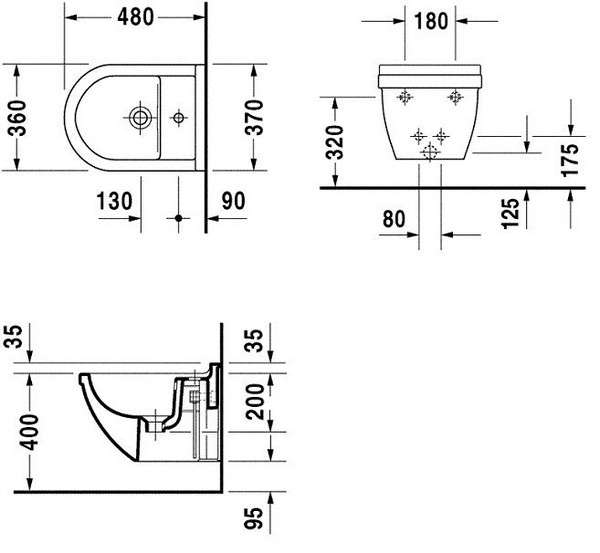 Rysunek techniczny bidetu wiszącego compact Duravit Starck 3 22811500000-image_Duravit_22811500000_3