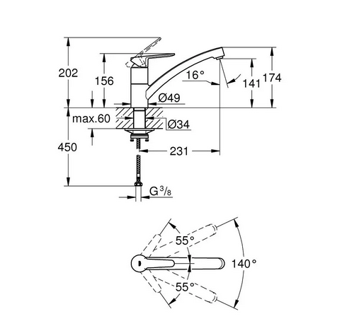 Wymiary techniczne baterii kuchennej Grohe 31680000