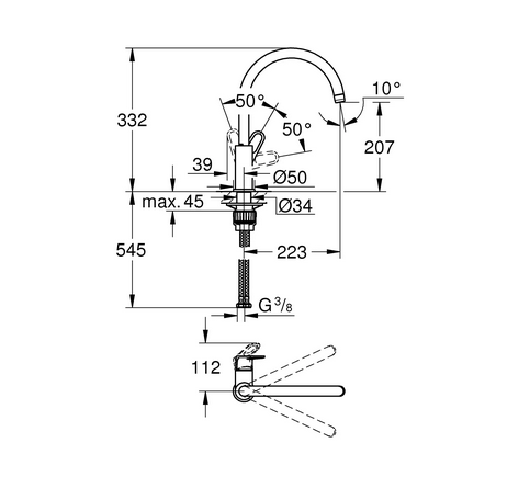 Wymiary techniczne baterii do kuchni Grohe Bauflow 31538001