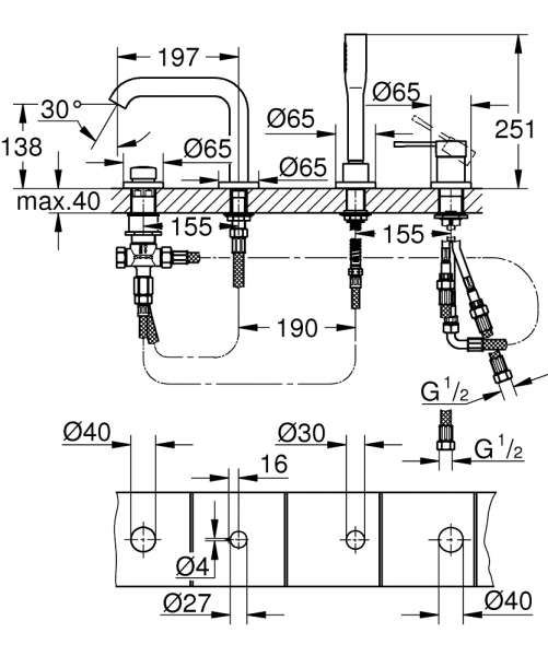Wymiary techniczne 4 otworowej baterii wannowej Grohe Essence 19578DC1.-image_Grohe_19578DC1_3