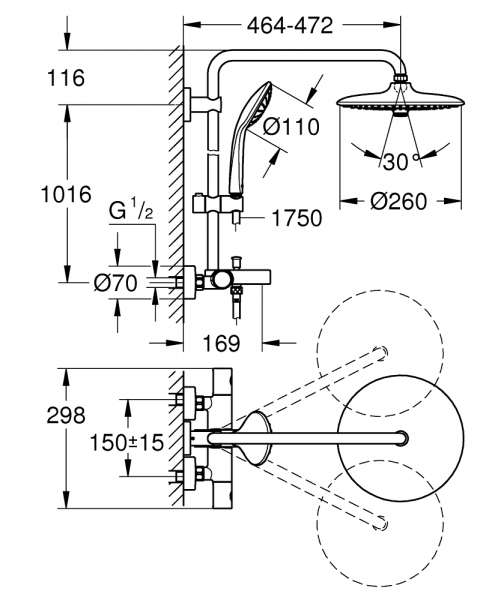 Rysunek techniczny zestawu pod prysznic Grohe Euphoria System 26114001-image_Grohe_26114001_3