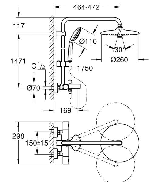 Wymiary techniczne natynkowego zestawu z termostatem Grohe 27475001-image_Grohe_27475001_3
