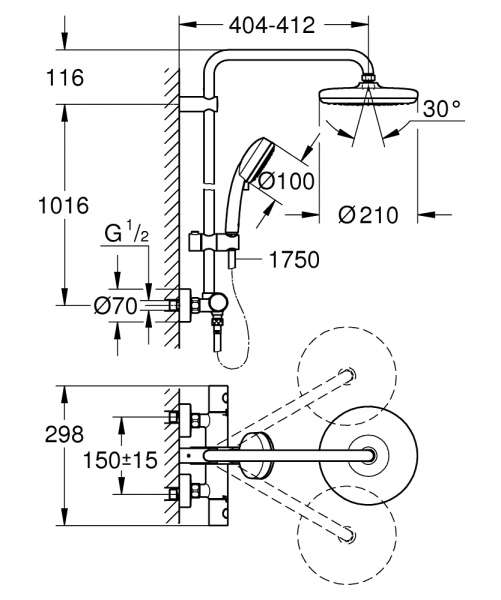 Wymiary techniczne kolumny prysznicowej z termostatem Grohe Tempesta System 210 27922001-image_grohe_27922001_3