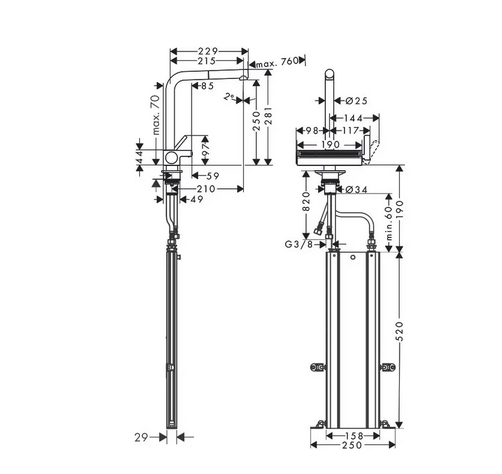 Wymiary techniczne baterii Hansgrohe 73830800