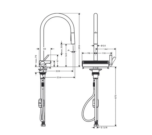 Wymiary techniczne baterii Hansgrohe Aquano M81 73837000