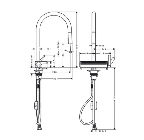Wymiary techniczne baterii zlewozmywakowej Hansgrohe 73837800