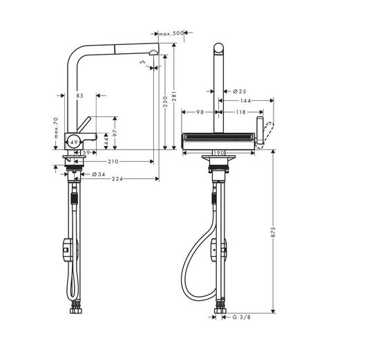Wymiary techniczne baterii kuchennej Hansgrohe 73836670