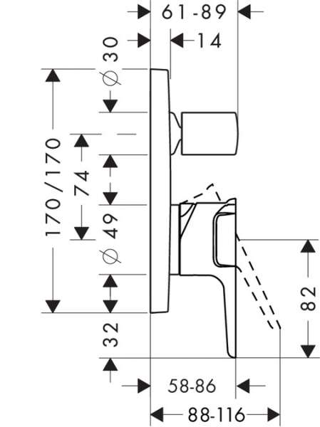 Wymiary techniczne baterii wannowej podtynkowej Citterio E 36455000-image_Hansgrohe_36455000_3
