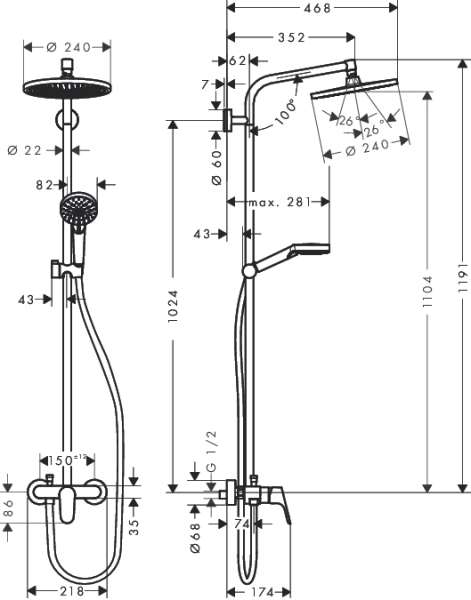 Wymiary techniczne zestawu prysznicowego natynkowego Hangrohe Crometta S 240 27269000-image_Hansgrohe_27269000_3