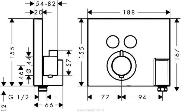 Rysunek techniczny baterii termostatycznej Hansgrohe Showerselect 15765000-image_Hansgrohe_15765000_3