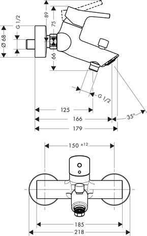 Wymiary techniczne baterii wannowej ściennej Hansgrohe Talis S 72400000-image_Hansgrohe_72400000_3