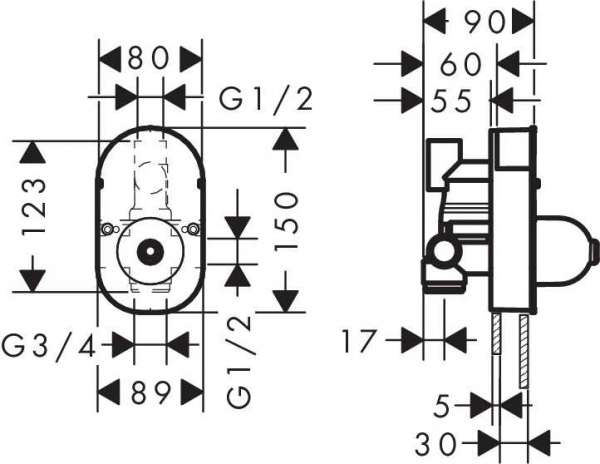 Wymiary techniczne podtynkowego do baterii wannowej podtynkowej 31741180-image_Hansgrohe_31741180_3
