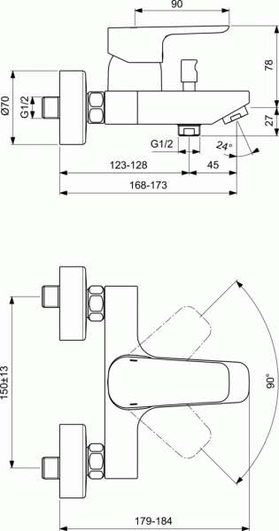 Rysunek techniczny baterii wannowej Ceraplan -image_Ideal Standard_B0718AA_3