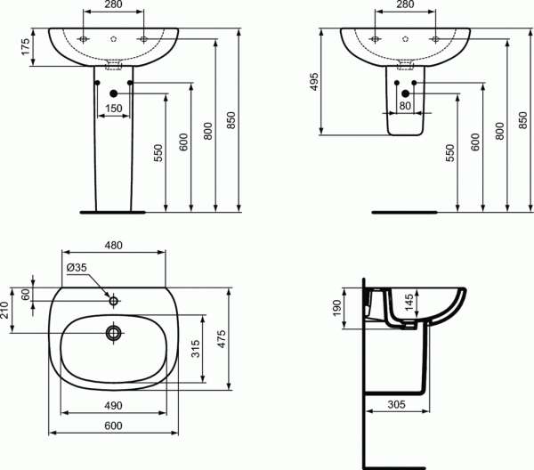 Wymiary techniczne umywalki Tesi 60-image_Ideal Standard_T351401_3