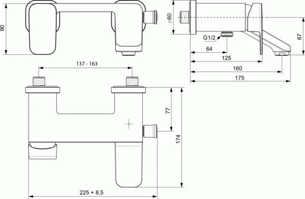 Wymiary techniczne baterii wannowej Tonic II -image_Ideal Standard_A6338AA_3