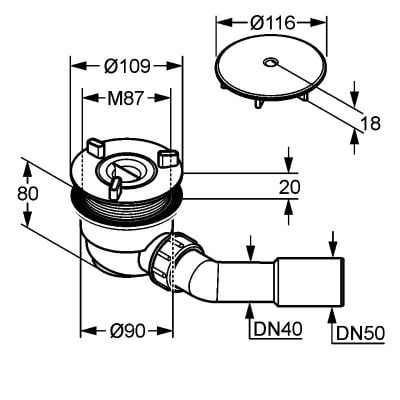 Wymiary techniczne syfonu Kludi 2109805-00