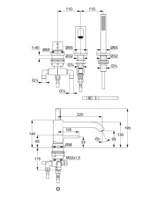 Wymiary techniczne baterii wannowej Kludi Bozz 384480576