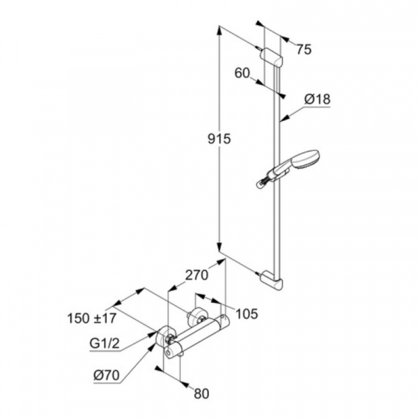 Wymiary techniczne zestawu prysznicowego Kludi Logo Shower duo 6857805