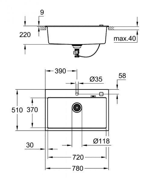 Rysunek techniczny zlewu Grohe K700 31652AT0.-image_Grohe_31652AT0_2