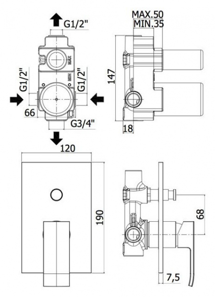 Wymiary techniczne podtynkowej baterii Paffoni Effe do 2 odbiorników -image_Paffoni_EF015CR_2