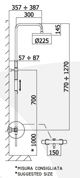 Wymiary techniczne kolumny prysznicowej z baterią termostatyczną Paffoni Light ZCOL646CR