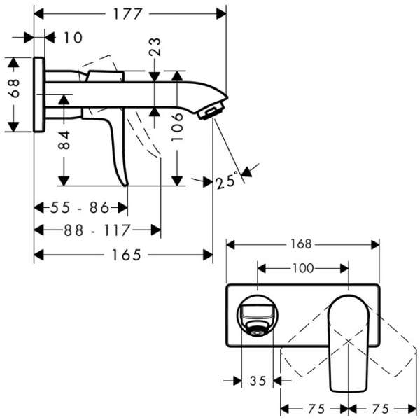 Wymiary techniczne podtynkowej baterii umywalkowej Hansgrohe Metris E2 31251000-image_Hansgrohe_31251000_4