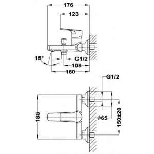 Rysunek techniczny ściennej baterii wannowej Teka Manacor-image_Teka_841211200_2