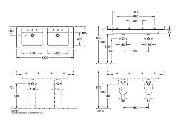 Wymiary techniczne podwójnej umywalki Omnia Architectura 61311301-image_Villeroy & Boch_61311301_2