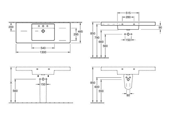 Wymiary techniczne umywalki Omnia Architectura 61181301-image_Villeroy & Boch_61181301_2