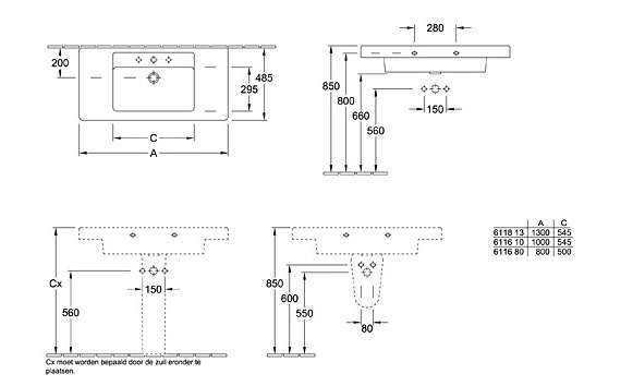 Wymiary techniczne umywalki Omnia Architectura 611610R1 -image_Villeroy & Boch_611610R1_2